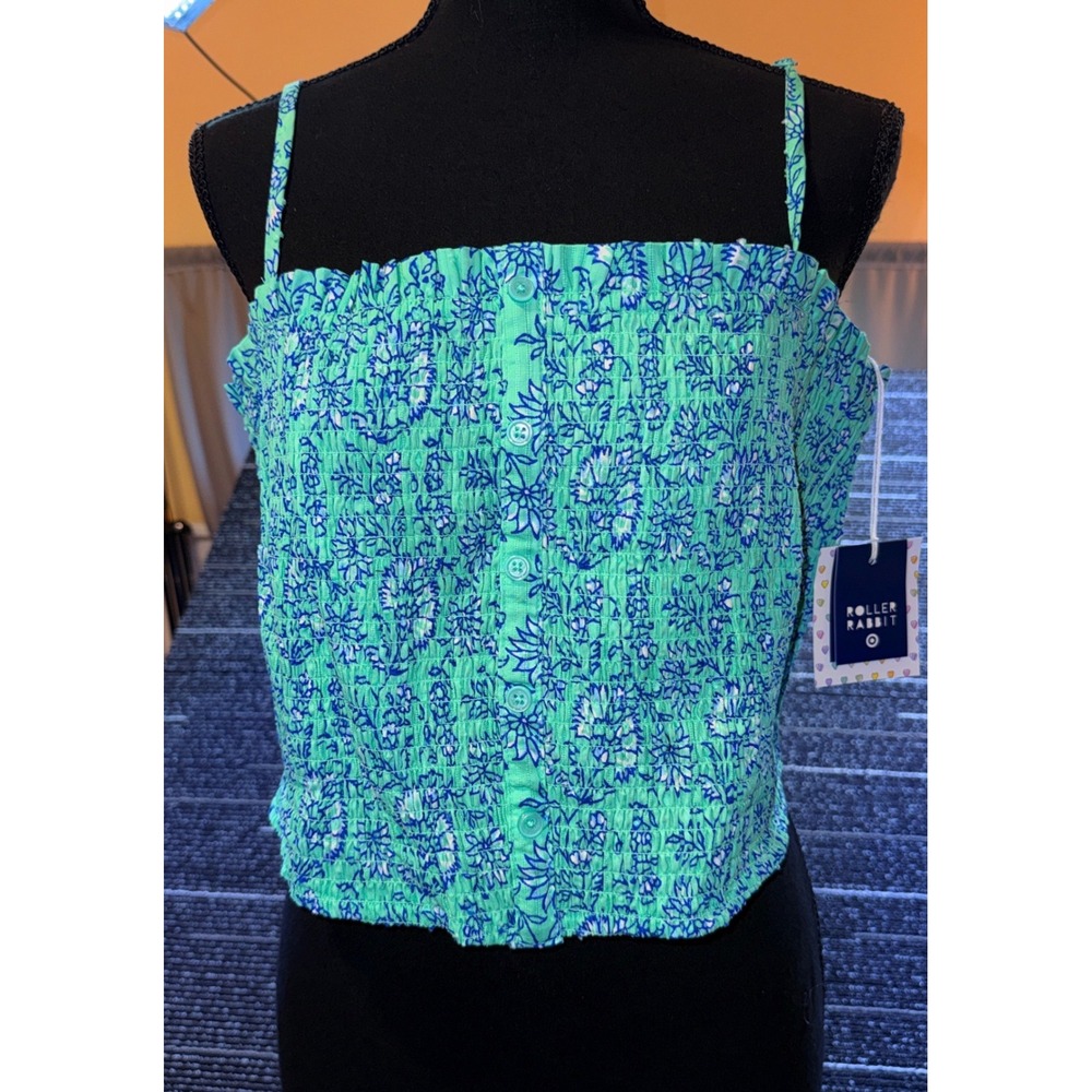 Roller Rabbit Tank Top Womens XXL Aqua Blue Floral NEW Smocked Cotton Boho